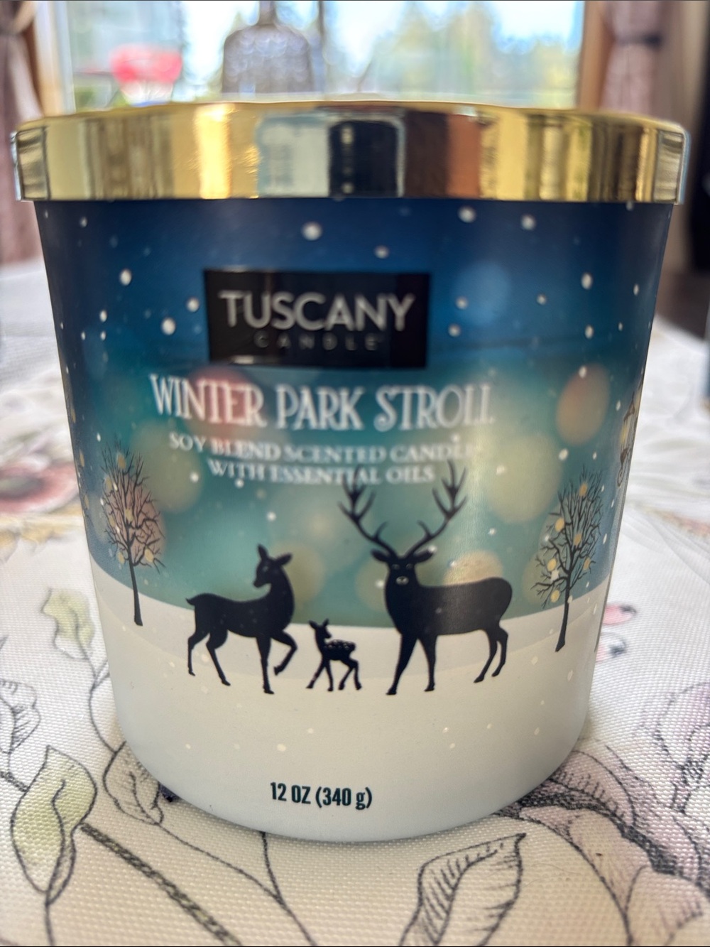 Tuscany “Winter Park Stroll” Scented 3-wick Soy Candle ~Deers, Blue, White NWT